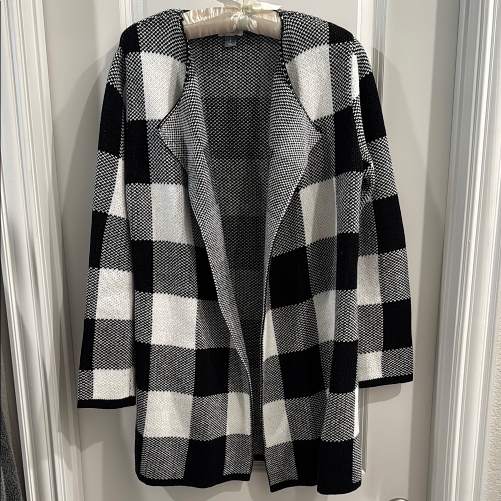 Black and White Checkered Open-Front Cardigan